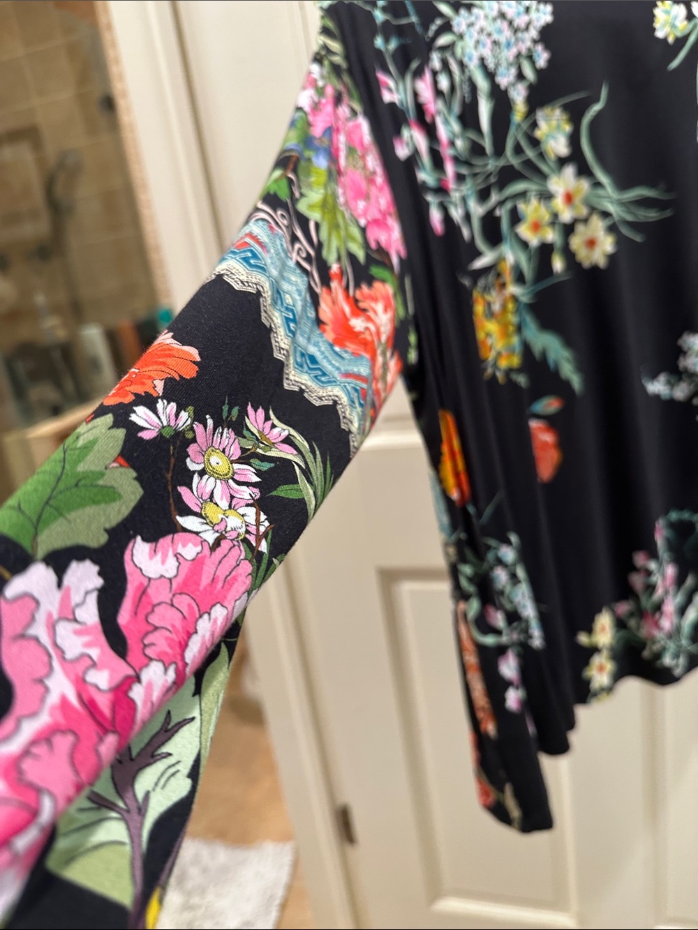 Johnny Was: designer shirt: Black Floral V-Neck Long Sleeve Tee with Multicolor - Picture 3 of 6